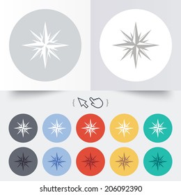 Compass sign icon. Windrose navigation symbol. Round 12 circle buttons. Shadow. Hand cursor pointer. Vector