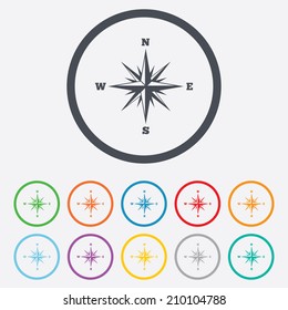 Compass sign icon. Windrose navigation symbol. Round circle buttons with frame. Vector