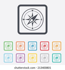 Compass sign icon. Windrose navigation symbol. Round squares buttons with frame. Vector