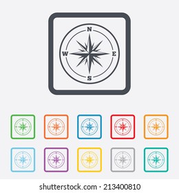 Compass sign icon. Windrose navigation symbol. Round squares buttons with frame. Vector