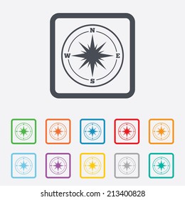 Compass sign icon. Windrose navigation symbol. Round squares buttons with frame. Vector