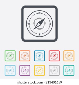 Compass sign icon. Windrose navigation symbol. Round squares buttons with frame. Vector