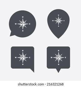 Compass sign icon. Windrose navigation symbol. Map pointers information buttons. Speech bubbles with icons. Vector