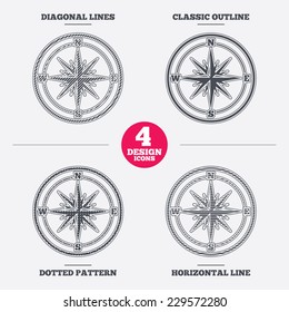 Compass sign icon. Windrose navigation symbol. Diagonal and horizontal lines, classic outline, dotted texture. Pattern design icons.  Vector