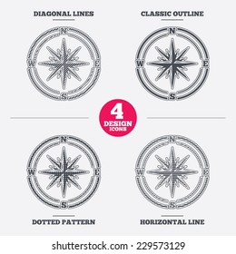 Compass sign icon. Windrose navigation symbol. Diagonal and horizontal lines, classic outline, dotted texture. Pattern design icons.  Vector