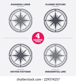 Compass sign icon. Windrose navigation symbol. Diagonal and horizontal lines, classic outline, dotted texture. Pattern design icons.  Vector