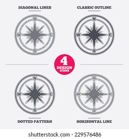 Compass sign icon. Windrose navigation symbol. Diagonal and horizontal lines, classic outline, dotted texture. Pattern design icons.  Vector