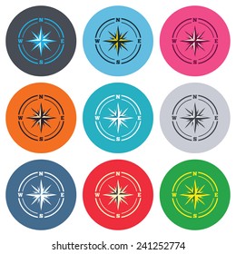 Compass sign icon. Windrose navigation symbol. Colored round buttons. Flat design circle icons set. Vector