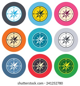 Compass sign icon. Windrose navigation symbol. Colored round buttons. Flat design circle icons set. Vector