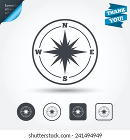 Compass sign icon. Windrose navigation symbol. Circle and square buttons. Flat design set. Thank you ribbon. Vector