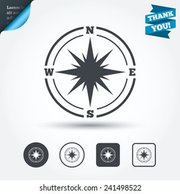Compass sign icon. Windrose navigation symbol. Circle and square buttons. Flat design set. Thank you ribbon. Vector