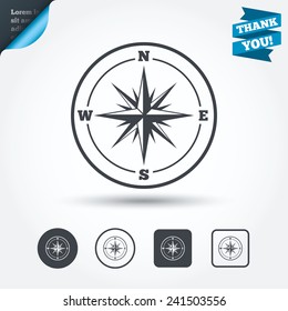 Compass sign icon. Windrose navigation symbol. Circle and square buttons. Flat design set. Thank you ribbon. Vector