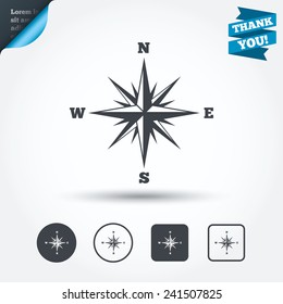 Compass sign icon. Windrose navigation symbol. Circle and square buttons. Flat design set. Thank you ribbon. Vector