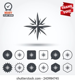 Compass sign icon. Windrose navigation symbol. Circle, star, speech bubble and square buttons. Award medal with check mark. Thank you. Vector