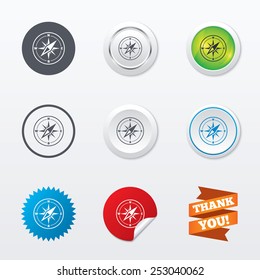 Compass sign icon. Windrose navigation symbol. Circle concept buttons. Metal edging. Star and label sticker. Vector