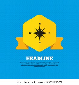 Compass sign icon. Windrose navigation symbol. Yellow label tag. Circles seamless pattern on back. Vector
