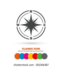Compass sign icon. Windrose navigation symbol. Classic flat icon. Colored circles. Vector
