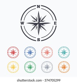 Compass sign icon. Windrose navigation symbol. Colored flat icons on white background.