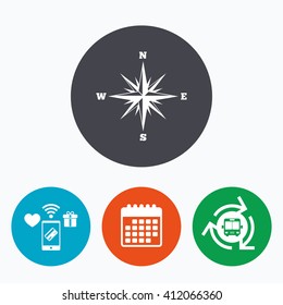 Compass sign icon. Windrose navigation symbol. Mobile payments, calendar and wifi icons. Bus shuttle.