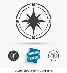 Compass sign icon. Windrose navigation symbol. Flat icons. Buttons with icons. Thank you ribbon. Vector
