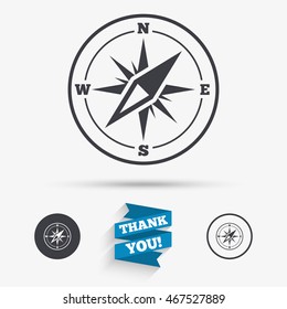 Compass sign icon. Windrose navigation symbol. Flat icons. Buttons with icons. Thank you ribbon. Vector