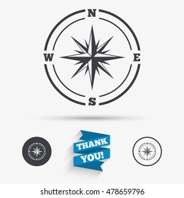 Compass sign icon. Windrose navigation symbol. Flat icons. Buttons with icons. Thank you ribbon. Vector