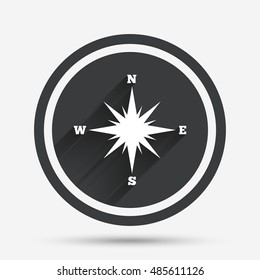 Compass sign icon. Windrose navigation symbol. Circle flat button with shadow and border. Vector