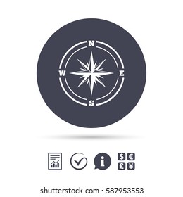 Compass sign icon. Windrose navigation symbol. Report document, information and check tick icons. Currency exchange. Vector
