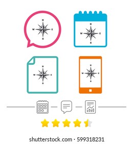 Compass sign icon. Windrose navigation symbol. Calendar, chat speech bubble and report linear icons. Star vote ranking. Vector