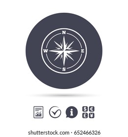 Compass sign icon. Windrose navigation symbol. Report document, information and check tick icons. Currency exchange. Vector