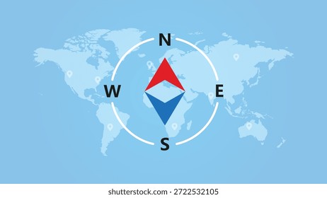 Compass sign on world map, global direction and navigation