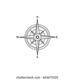 Compass sign. Compass wind rose hand drawn design element. Black wind rose sketch sign isolated. Navigation icon