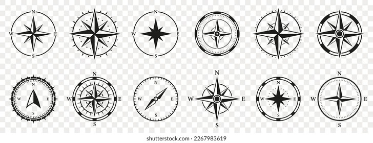 Compass Silhouette Icon Set. Adventure Direction to North, South, West, East Solid Sign. Windrose, Rose Wind Symbol. Navigational Orientation Equipment Glyph Pictogram. Isolated Vector Illustration.