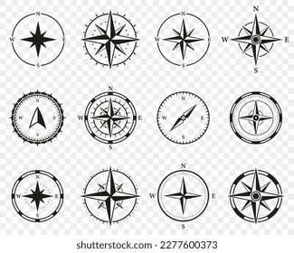 Compass Silhouette Icon Set. Adventure Direction to North, South, West, East Solid Sign.Navigational Orientation Equipment Glyph Pictogram. Windrose, Rose Wind Symbol. Isolated Vector Illustration.