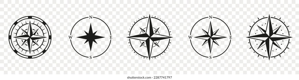 Compass Silhouette Icon Set. Navigational Orientation Equipment Glyph Pictogram. Adventure Direction to North, South, West, East Solid Sign. Windrose, Rose Wind Symbol. Isolated Vector Illustration.