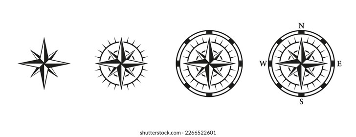 Compass Silhouette Icon Set. North, South, West, East Navigation Glyph Pictogram. Adventure Equipment, Journey Navigator Solid Sign. Rose Wind Symbol. GPS for Travel. Isolated Vector Illustration.