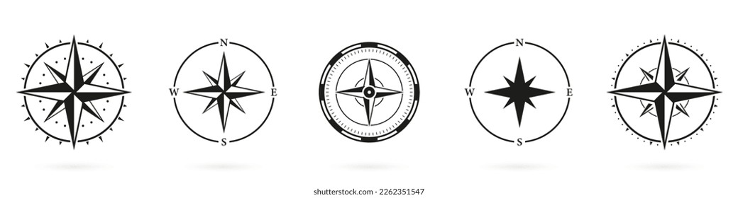 Compass Silhouette Icon Set on White Background. Rose Wind Glyph Pictogram. Navigational Direction to North, South, West, East Symbol. Navigation Equipment Solid Sign. Isolated Vector Illustration.