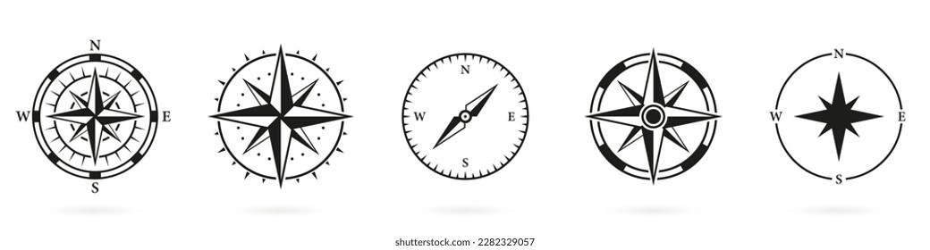 Compass Silhouette Icon Set on White Background. Navigational Direction to North, South, West, East Symbol. Rose Wind Glyph Pictogram. Navigation Equipment Solid Sign. Isolated Vector Illustration.