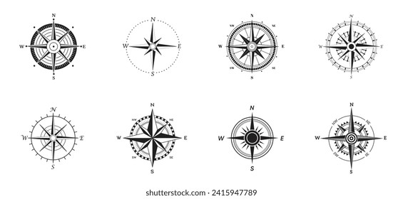 Compass Silhouette Icon Set on White Background. Rose Wind Glyph Pictogram.