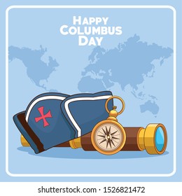 compass with spyglass and capitain hat over blue world map background. Happy Columbus day colorful design, vector illustration