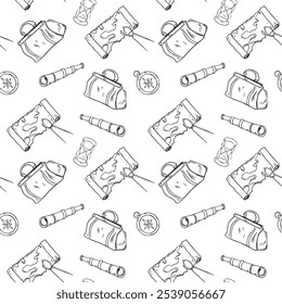 Compass, spyglass, map, carpet bag black and white vector graphic seamless pattern. Repeating background for boys adventure print. Monochrome vintage travel print in line art hand drawn.