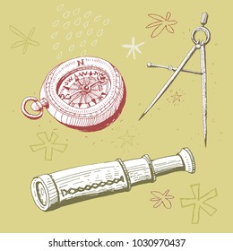 Compass, compass and spyglass, vector illustration.