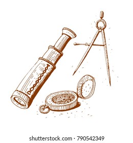  Compass, compass and spyglass, vector illustration.