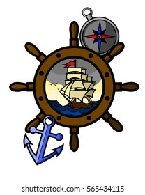 Compass, steering wheel, anchor ship vector color