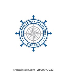 compass with steering wheel ship stamp badge for maritime nautical ship navy logo design	