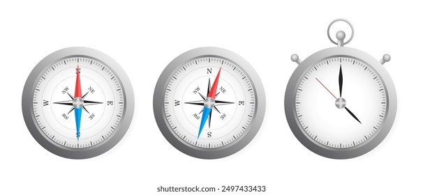 Brújula y cronómetro. Tierra, mar, navegación, geografía, Orientación, norte, sur, oeste, este, viaje, turismo, viaje, mano, espacio, esfera, cara, mantener la pista del tiempo, medida, temporizador, reloj, reloj