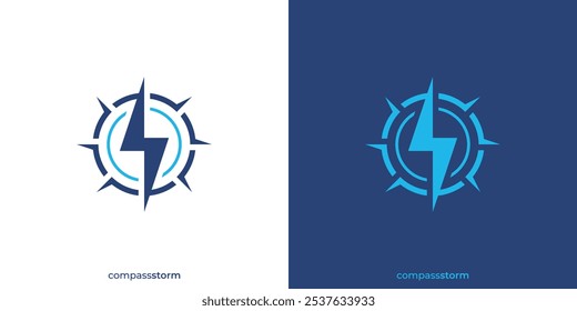Logo de la Tormenta de la Brújula. Brújula y Relámpago con Estilo Minimalista. Logotipo del perno de la brújula, icono, símbolo, Vector, Inspiración del diseño.