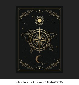 Kompass mit Sonne und Mond, Hintergrund mit Gravur, handgezeichnet, Luxus, Himmelskörper, Esoterie, Boho Stil, geeignet für spiritualistische, religiöse, paranormale, Tarot-Leser, Astrologer oder Tattoo