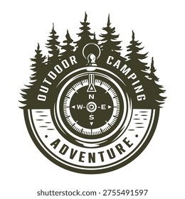 A compass surrounded by trees. It represents camping and outdoor activities. The compass points north south east and west for guidance in nature adventures.