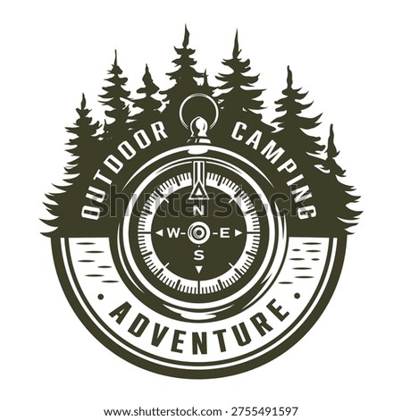 A compass surrounded by trees. It represents camping and outdoor activities. The compass points north south east and west for guidance in nature adventures.